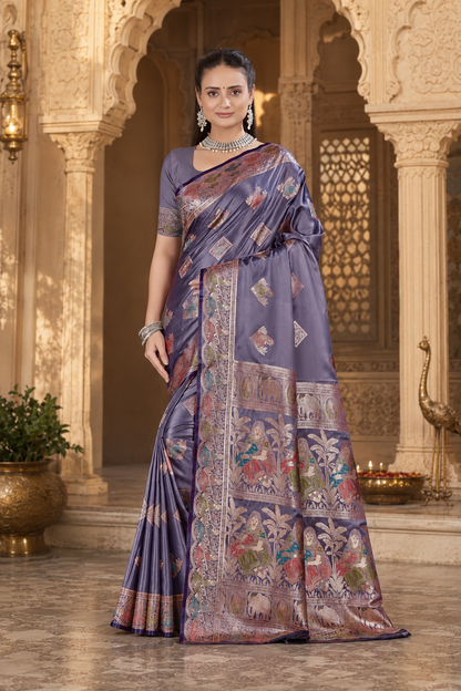 Pure Satin Silk Saree with Meena Zari Weave & Geometric Pallu Blouse Piece