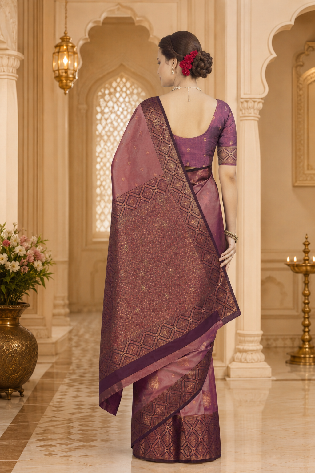 Satin Silk Saree with Geometric Meena Zari Weave & Pallu Blouse Piece