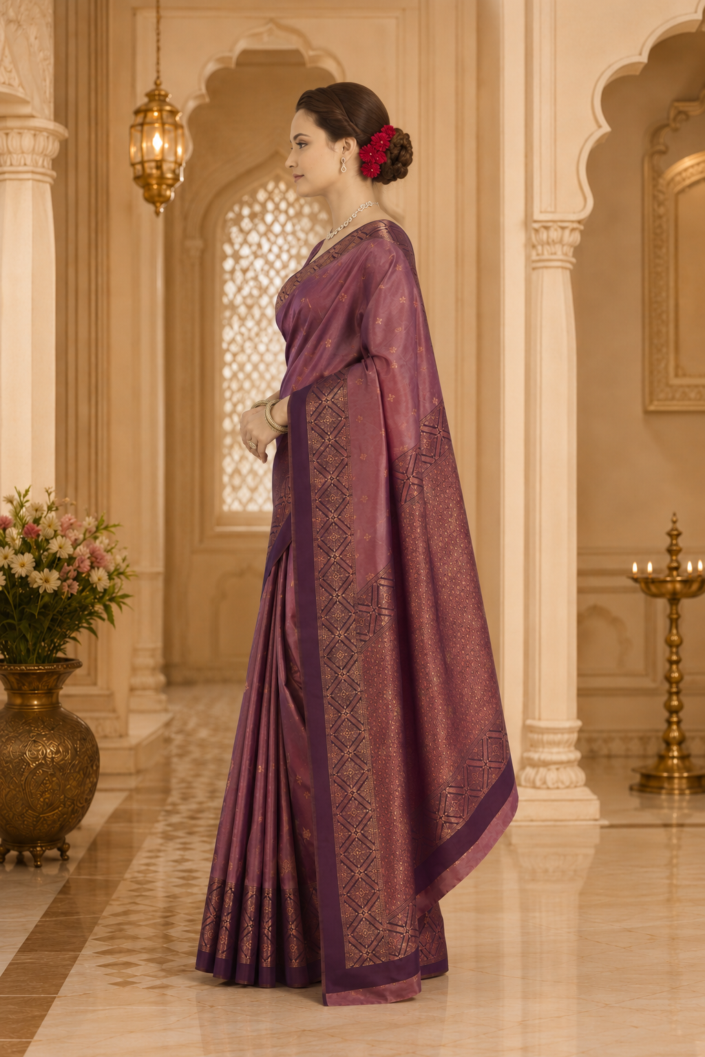 Satin Silk Saree with Geometric Meena Zari Weave & Pallu Blouse Piece