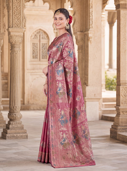 Pure Satin Silk Saree with Meena Zari Weave & Geometric Pallu Blouse Piece