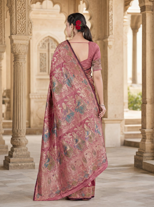 Pure Satin Silk Saree with Meena Zari Weave & Geometric Pallu Blouse Piece