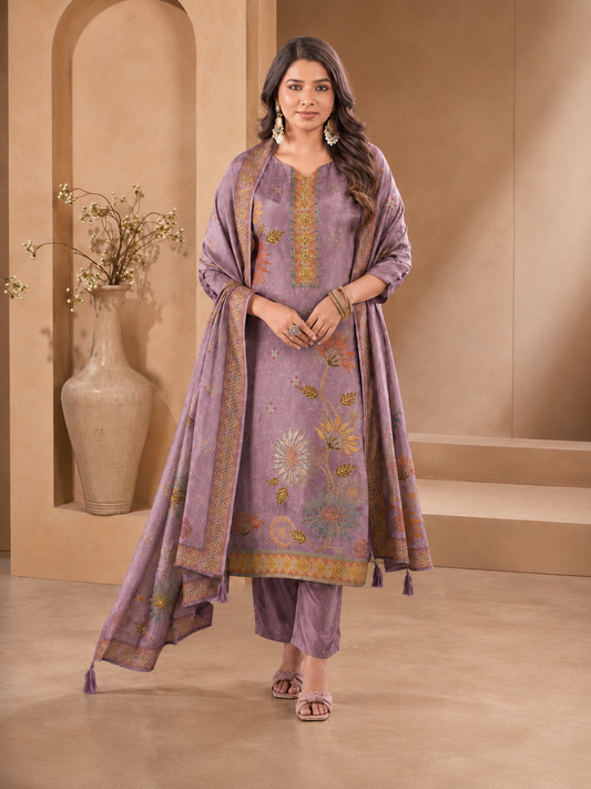 Dola Silk Kardana Hand-Work 3-Piece Kurti Set with Digital Floral Print Dupatta