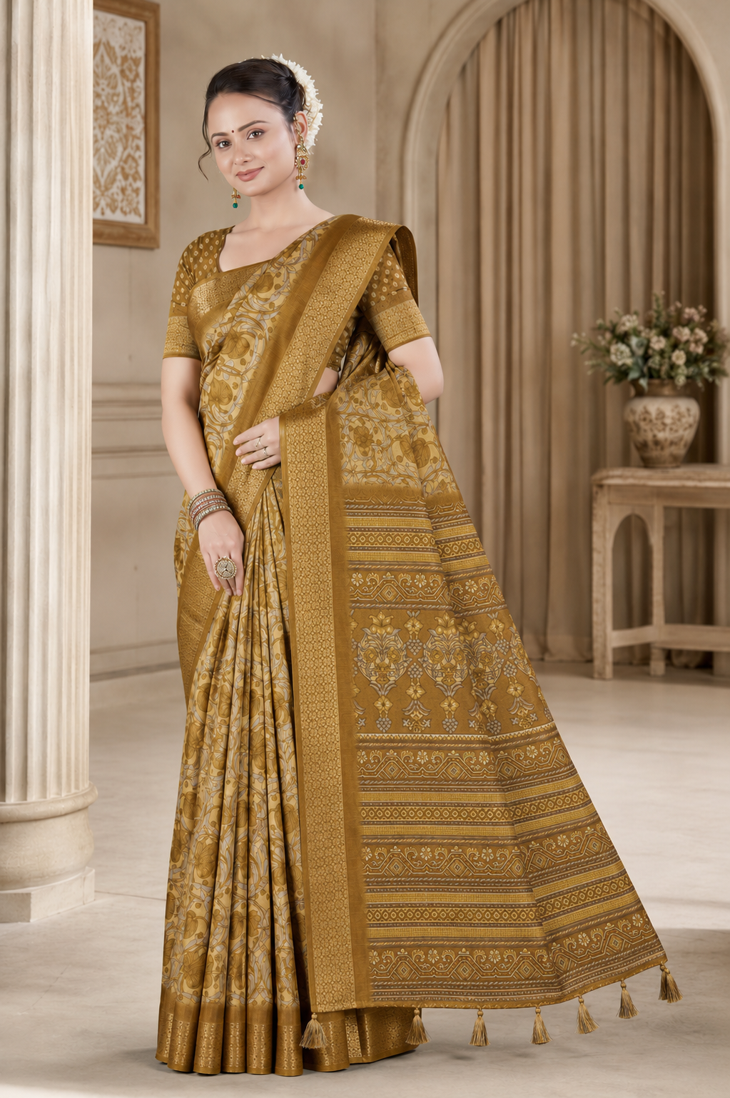 Dola Silk Saree with All-Over Floral Print & Zari Border Blouse Piece