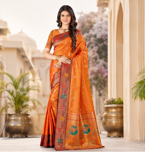 Orange Weaving Silk Saree with Zari Butta & Meenakari Border Blouse Piece
