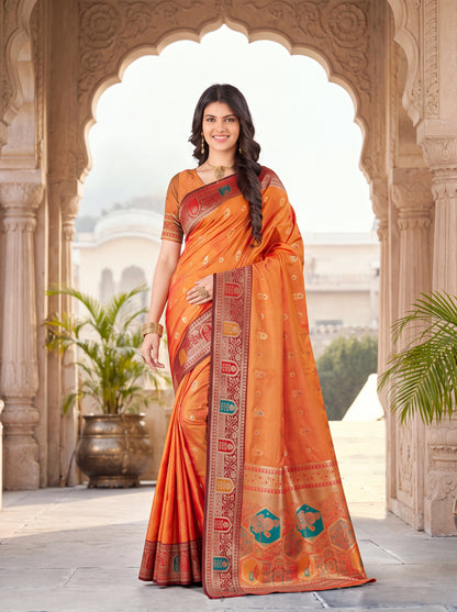 Weaving Silk Saree with Zari Butta & Meenakari Border Blouse Piece