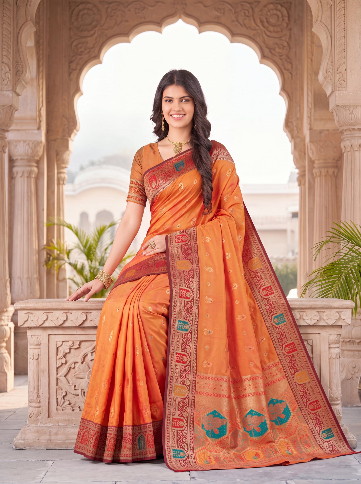 Weaving Silk Saree with Zari Butta & Meenakari Border Blouse Piece