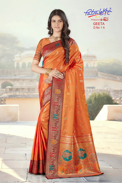 Orange Weaving Silk Saree with Zari Butta & Meenakari Border Blouse Piece