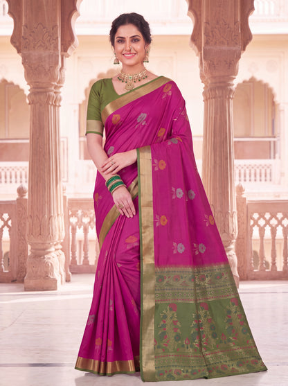 Soft Silk Saree with Meenakari Floral Butta & Pink Woven Border Blouse Piece