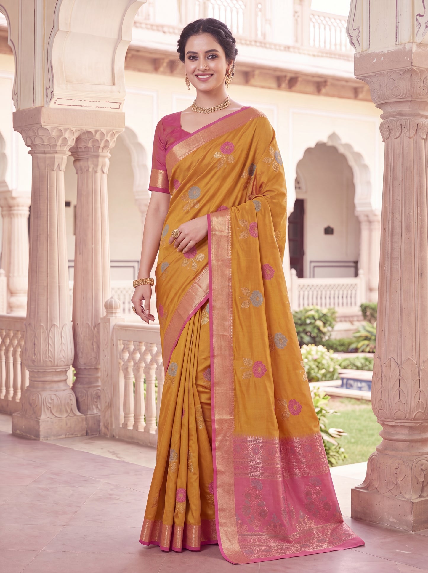Soft Silk Saree with Meenakari Floral Butta & Pink Woven Border Blouse Piece