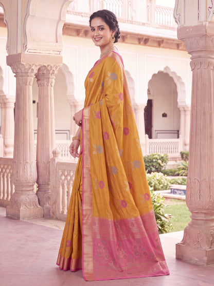 Soft Silk Saree with Meenakari Floral Butta & Pink Woven Border Blouse Piece