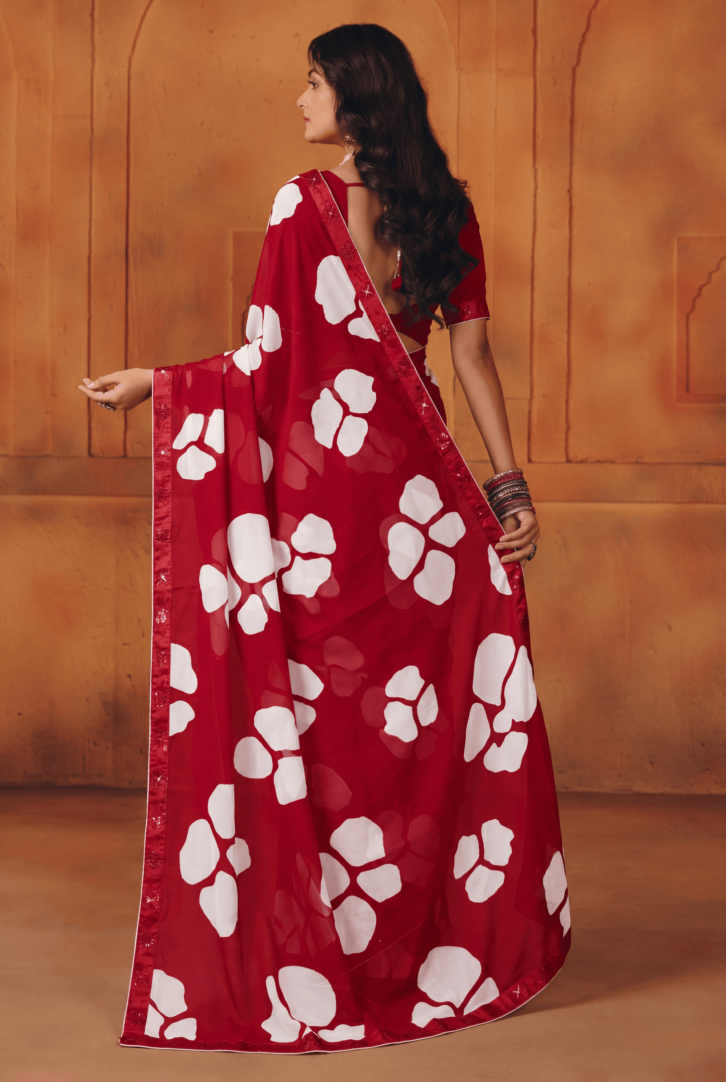 Red Kriva Georgette Saree with Swarovski Crystal Embellishments &amp; Art Silk Lace Blouse Piece