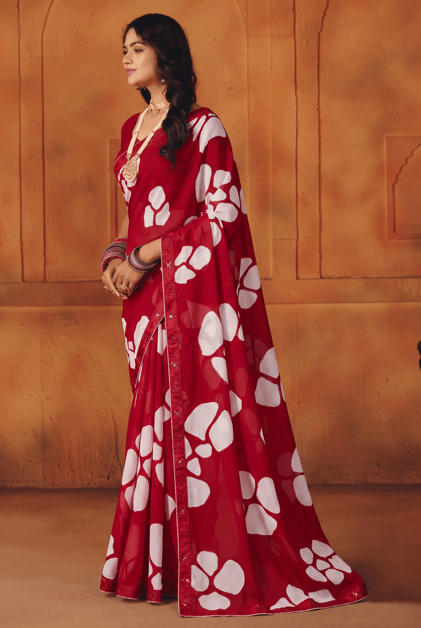 Red Kriva Georgette Saree with Swarovski Crystal Embellishments &amp; Art Silk Lace Blouse Piece