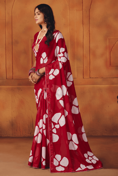 Red Kriva Georgette Saree with Swarovski Crystal Embellishments &amp; Art Silk Lace Blouse Piece