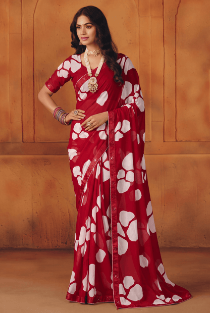Red Kriva Georgette Saree with Swarovski Crystal Embellishments &amp; Art Silk Lace Blouse Piece