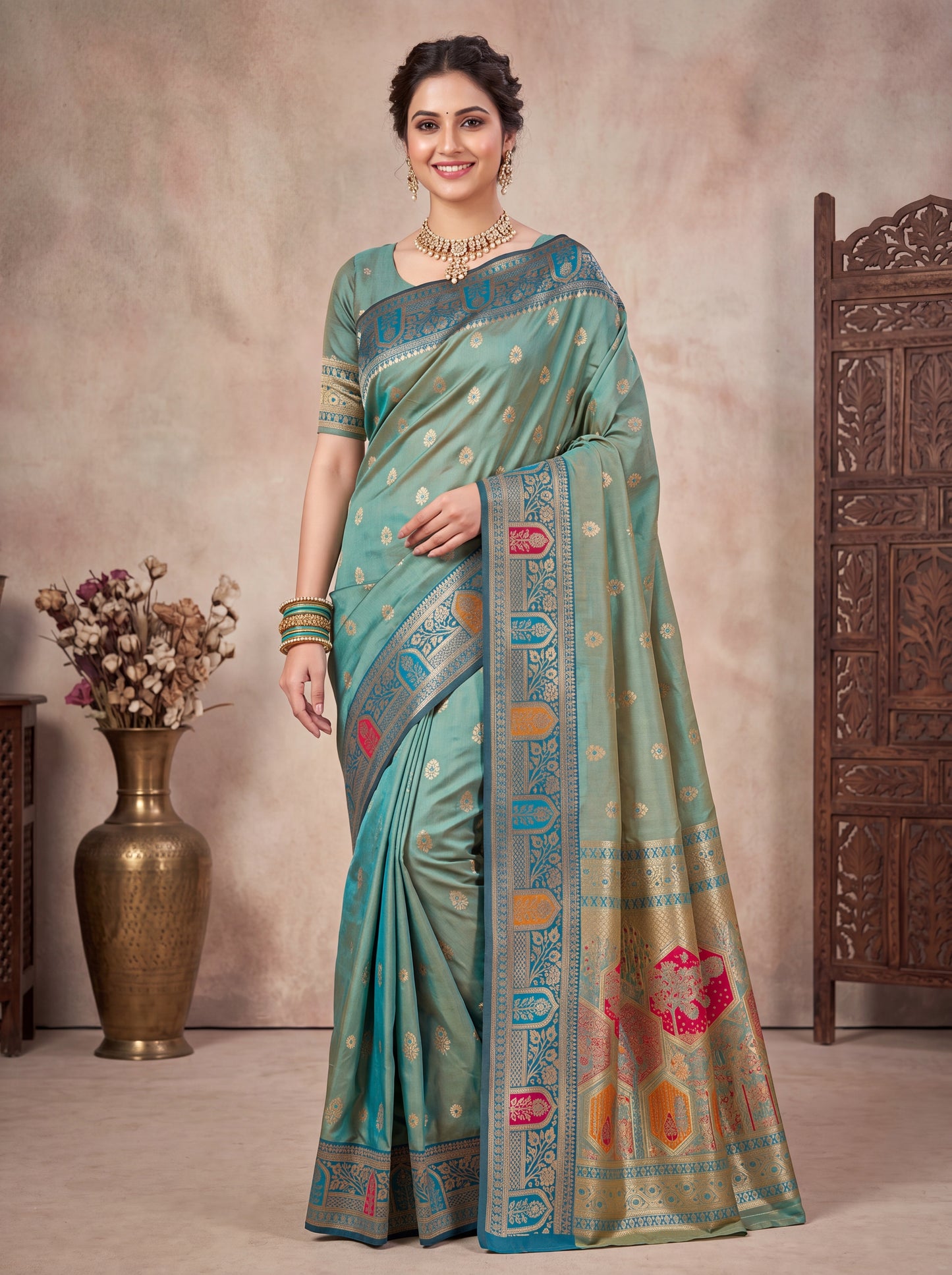 Weaving Silk Saree with Zari Butta & Meenakari Border Blouse Piece