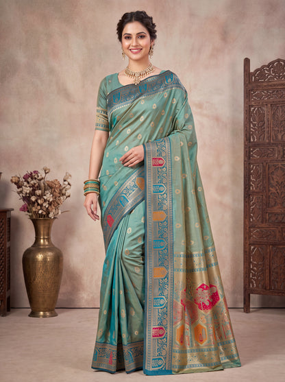 Weaving Silk Saree with Zari Butta & Meenakari Border Blouse Piece