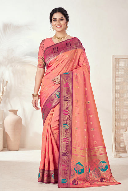 Weaving Silk Saree with Zari Butta & Meenakari Border Blouse Piece