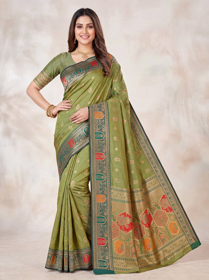 Weaving Silk Saree with Zari Butta & Meenakari Border Blouse Piece