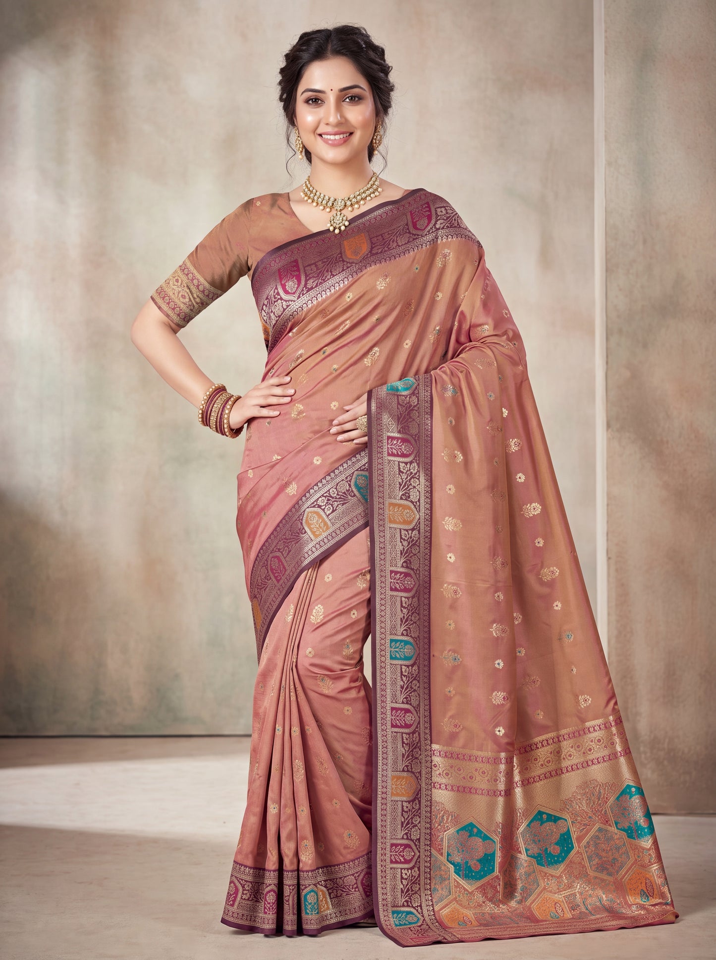 Weaving Silk Saree with Zari Butta & Meenakari Border Blouse Piece