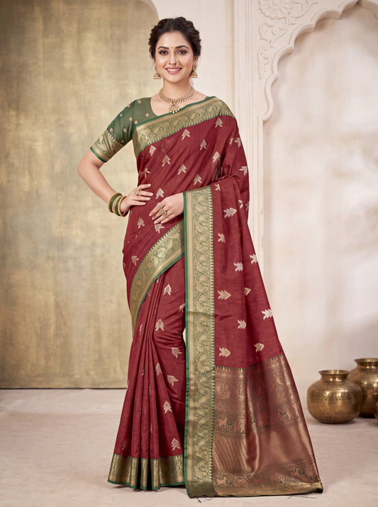 Cotton Silk Saree with Zari Butta &amp; Gold-Green Woven Border Blouse Piec