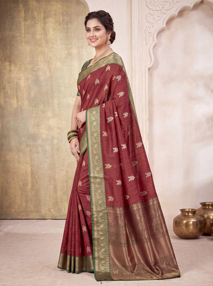 Cotton Silk Saree with Zari Butta &amp; Gold-Green Woven Border Blouse Piec