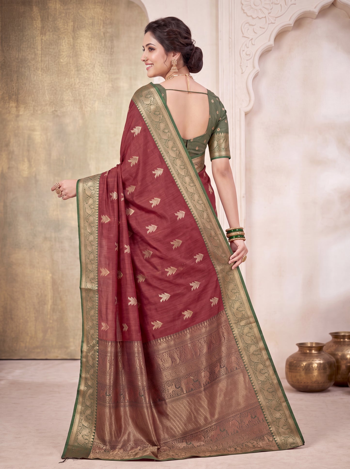 Cotton Silk Saree with Zari Butta &amp; Gold-Green Woven Border Blouse Piec