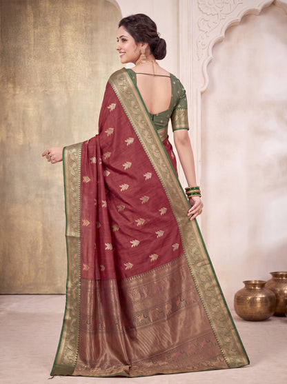 Cotton Silk Saree with Zari Butta &amp; Gold-Green Woven Border Blouse Piec
