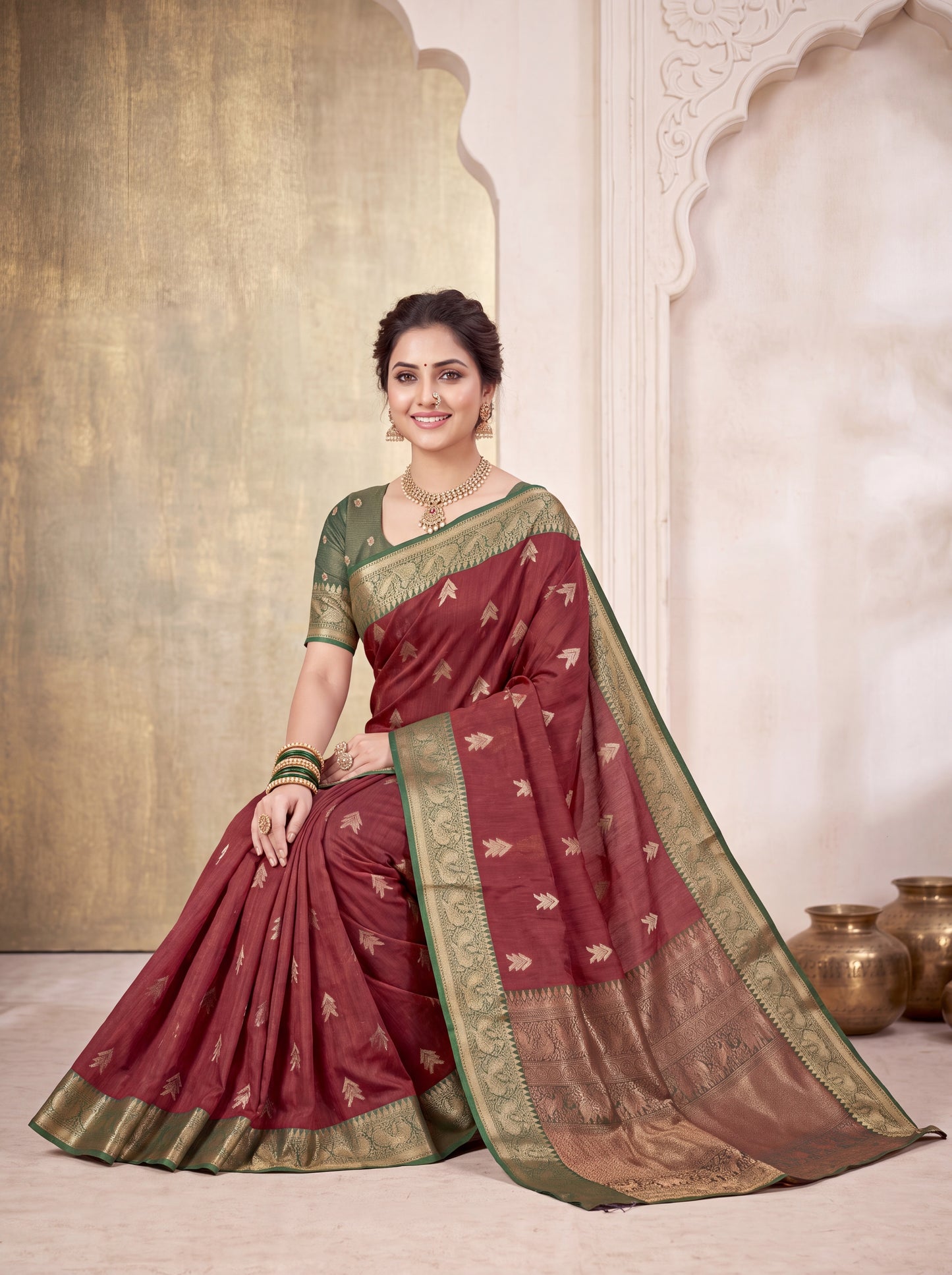Cotton Silk Saree with Zari Butta &amp; Gold-Green Woven Border Blouse Piec