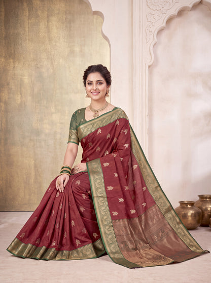 Cotton Silk Saree with Zari Butta &amp; Gold-Green Woven Border Blouse Piec