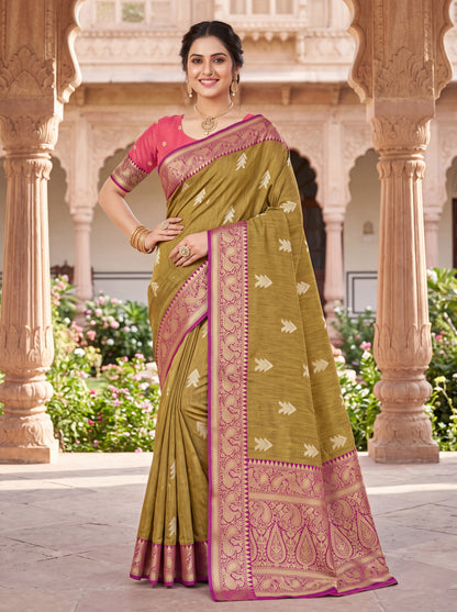 Cotton Silk Saree with Zari Butta &amp; Gold-Green Woven Border Blouse Piec