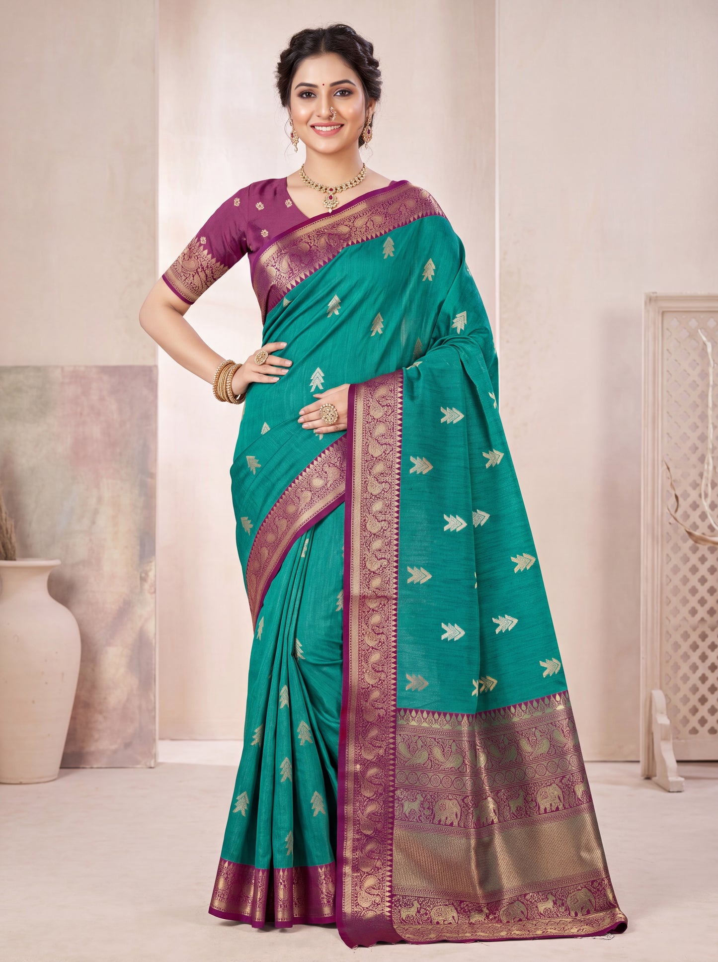 Cotton Silk Saree with Zari Butta &amp; Gold-Green Woven Border Blouse Piec