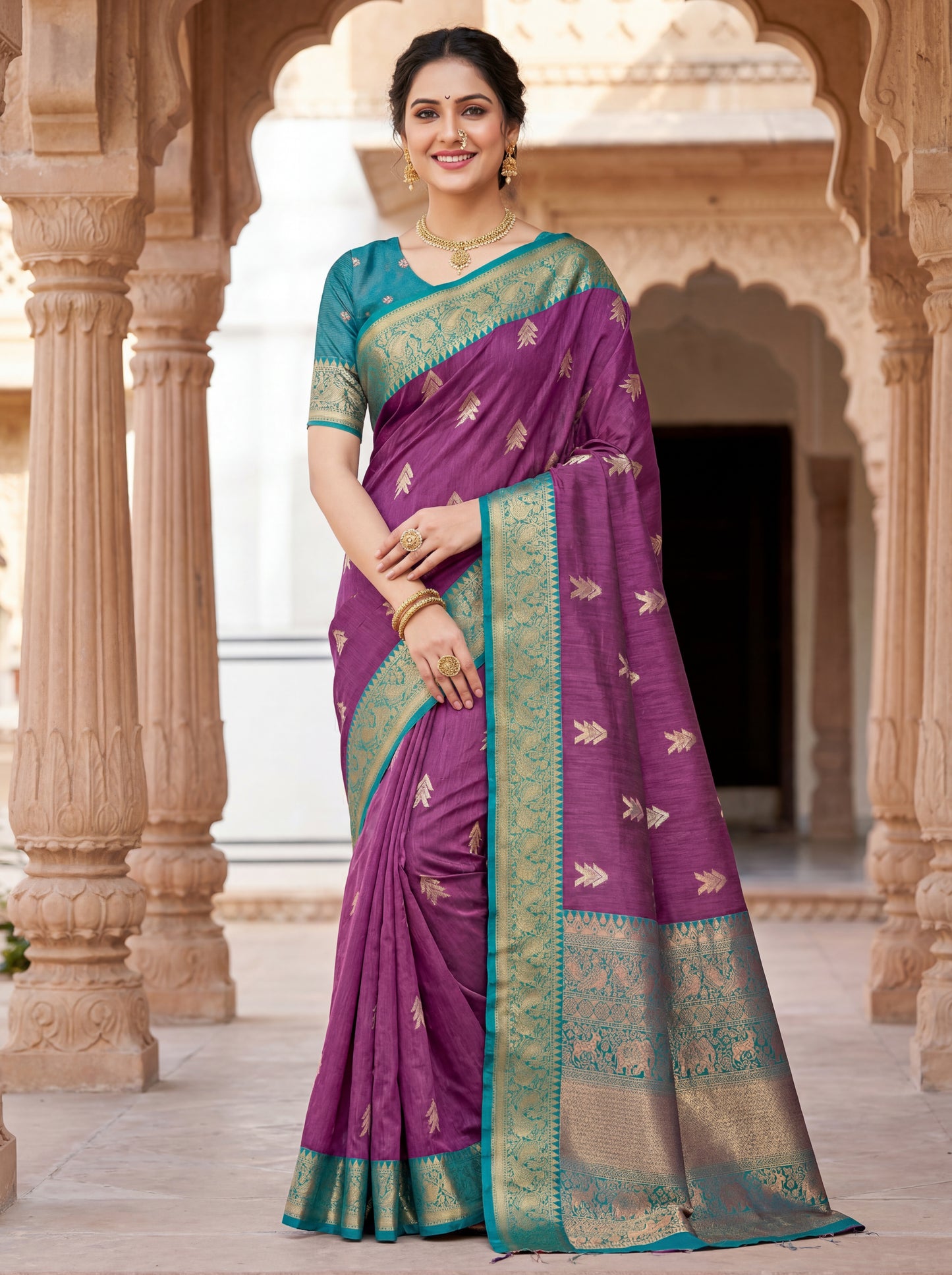 Cotton Silk Saree with Zari Butta &amp; Gold-Green Woven Border Blouse Piec
