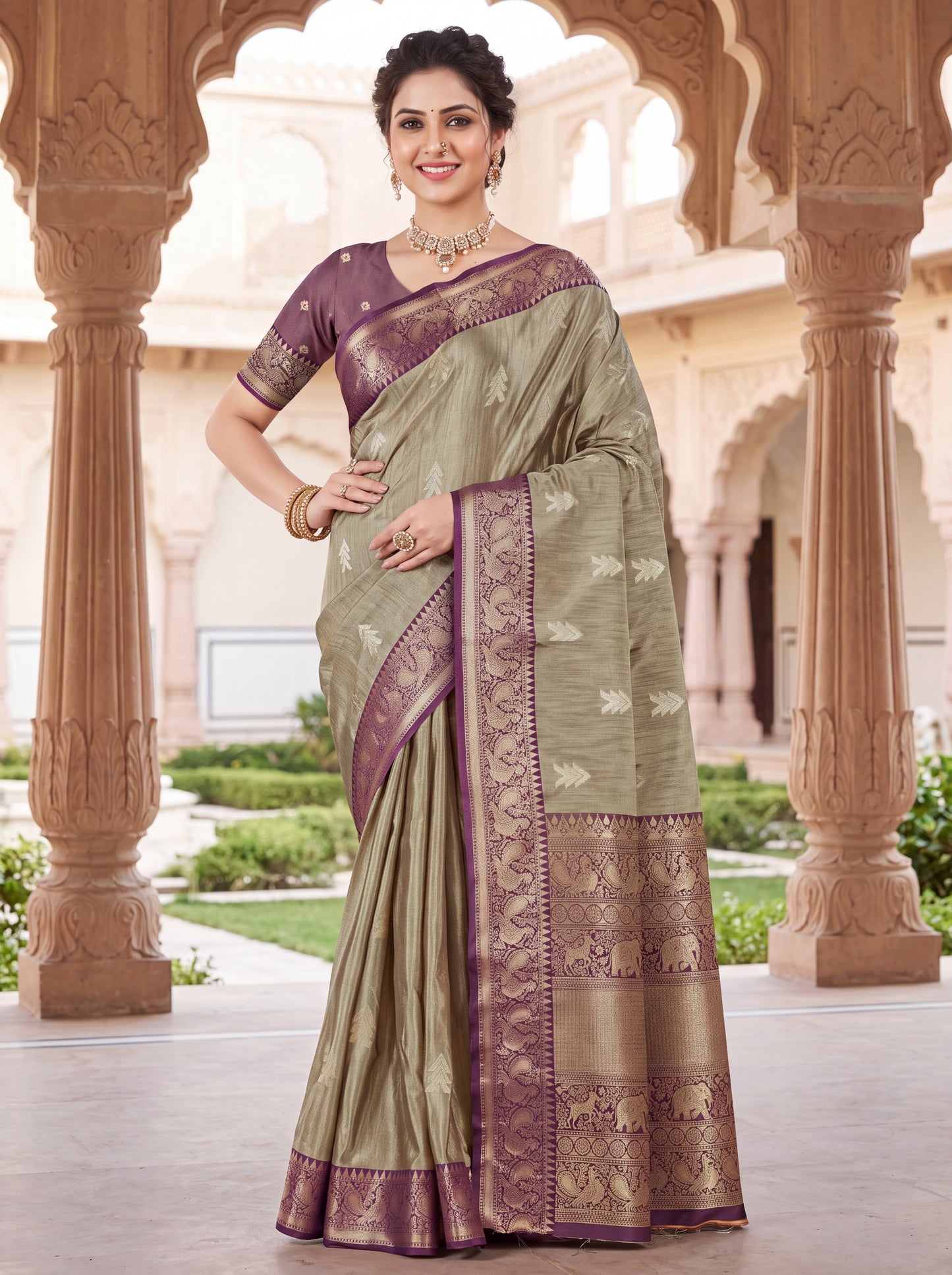 Cotton Silk Saree with Zari Butta &amp; Gold-Green Woven Border Blouse Piec