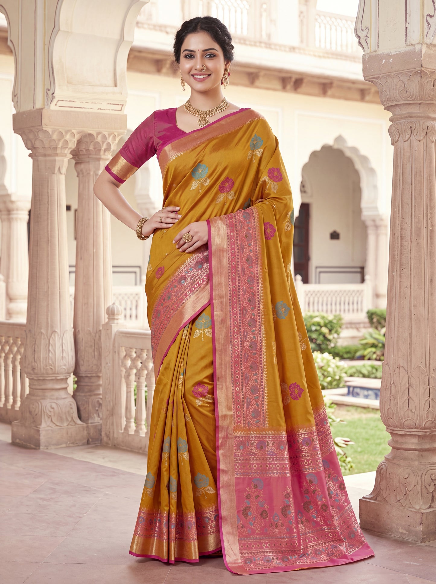 Soft Silk Saree with Meenakari Floral Butta & Pink Woven Border Blouse Piece