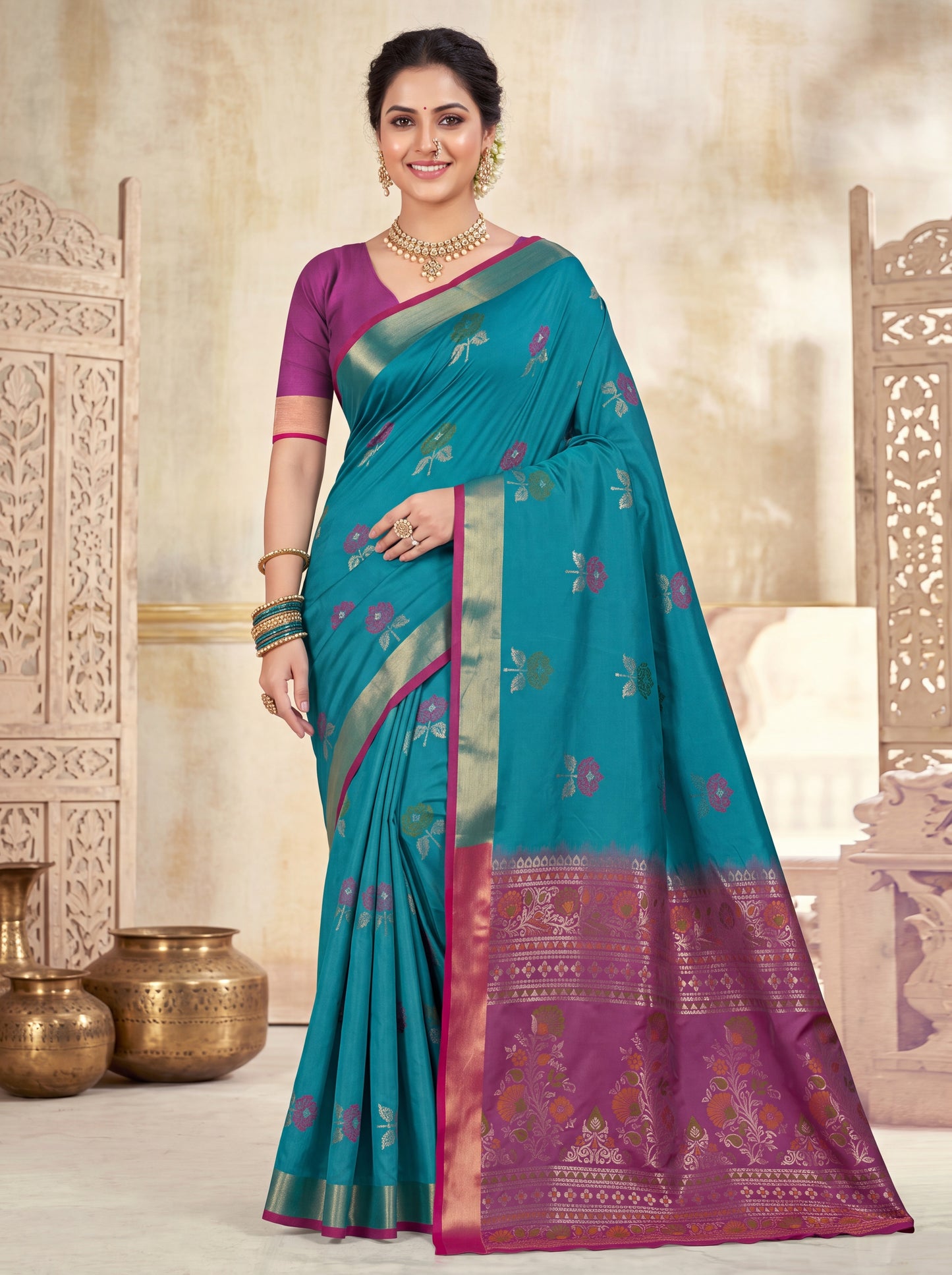Soft Silk Saree with Meenakari Floral Butta & Pink Woven Border Blouse Piece