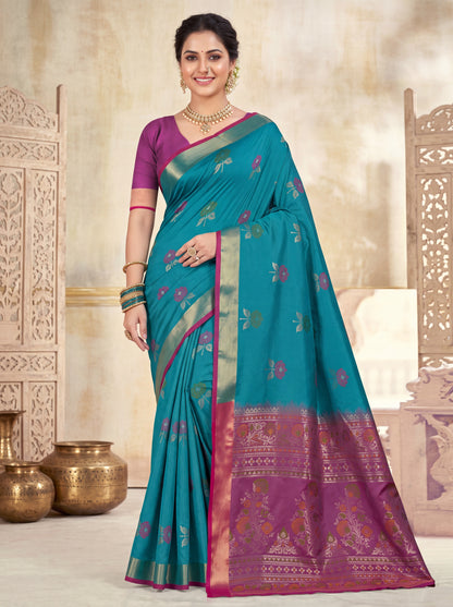 Soft Silk Saree with Meenakari Floral Butta & Pink Woven Border Blouse Piece