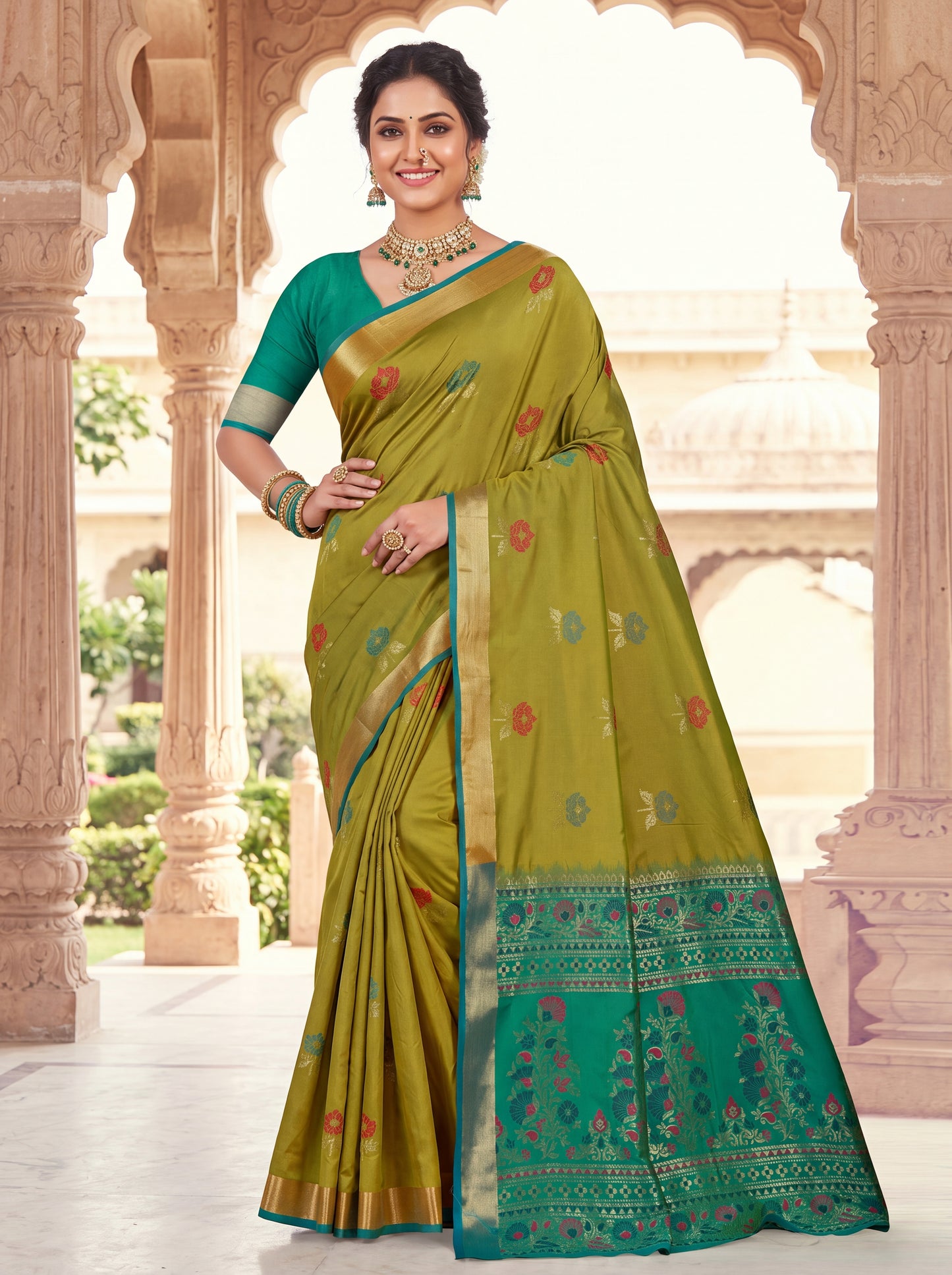 Soft Silk Saree with Meenakari Floral Butta & Pink Woven Border Blouse Piece