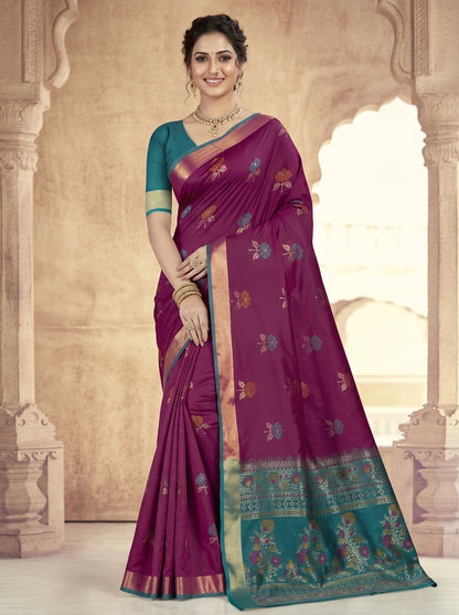 Soft Silk Saree with Meenakari Floral Butta & Pink Woven Border Blouse Piece