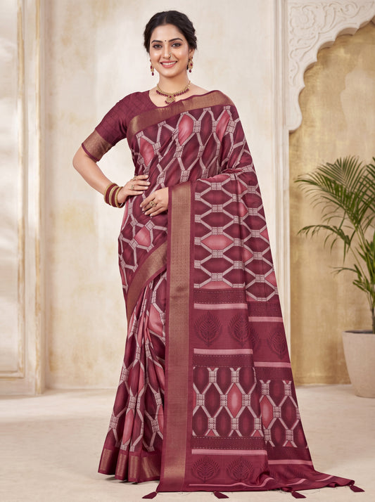 Dola Silk Saree with Geometric Diamond Print & Zari Border Blouse Piece
