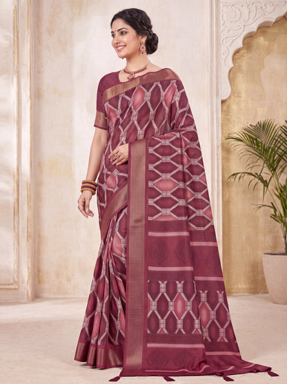 Dola Silk Saree with Geometric Diamond Print & Zari Border Blouse Piece