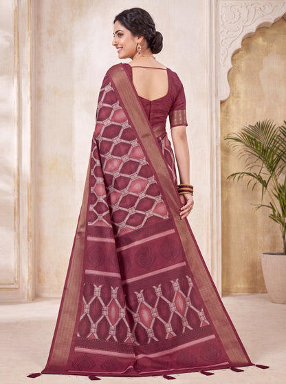 Dola Silk Saree with Geometric Diamond Print & Zari Border Blouse Piece