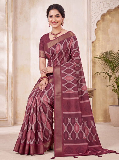 Dola Silk Saree with Geometric Diamond Print & Zari Border Blouse Piece