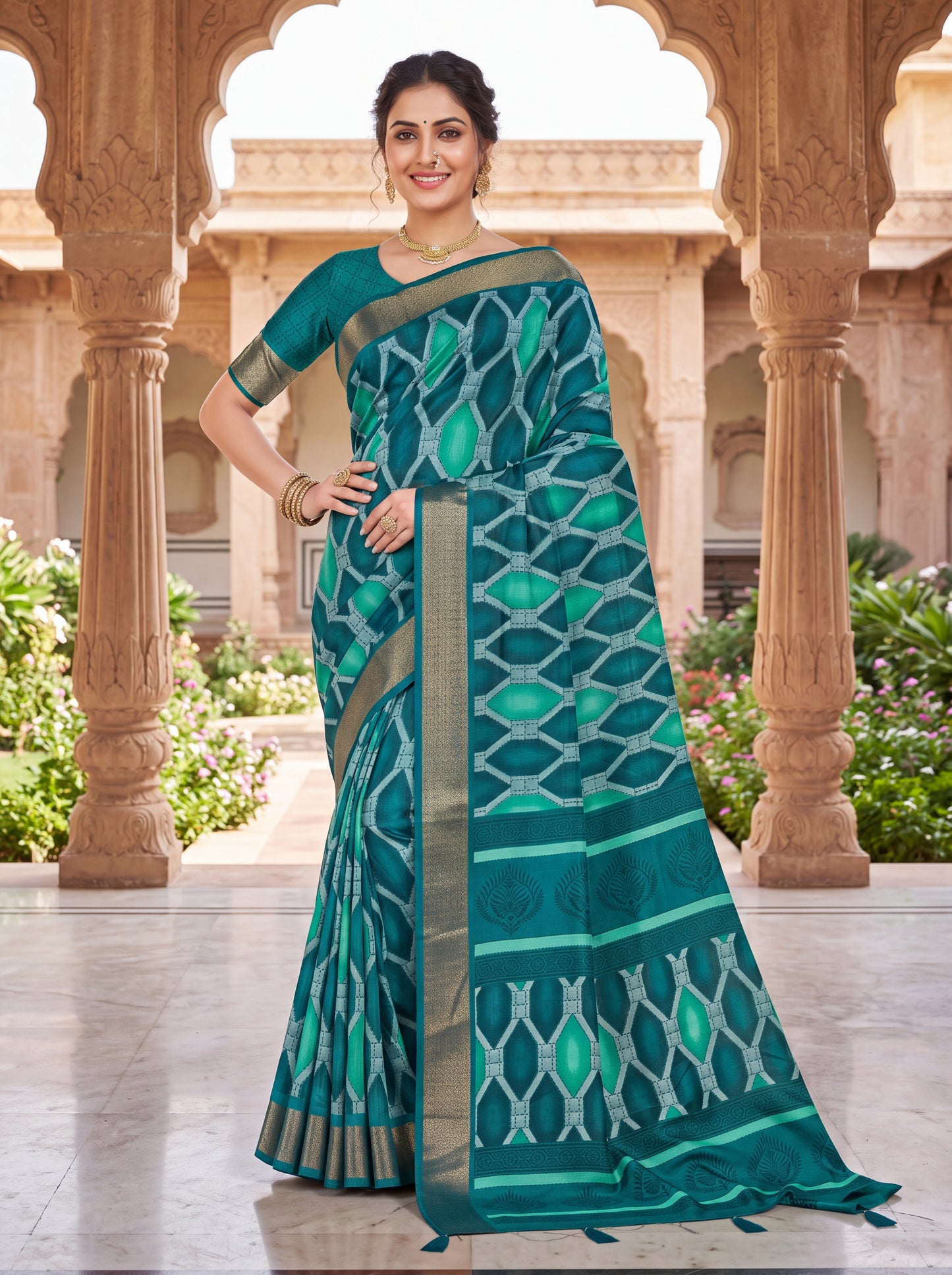 Dola Silk Saree with Geometric Diamond Print & Zari Border Blouse Piece