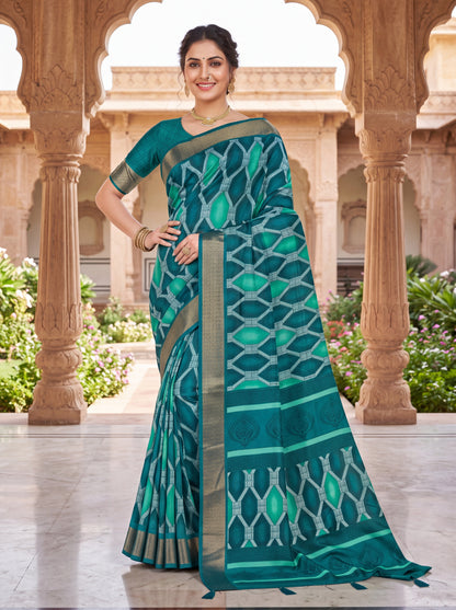 Dola Silk Saree with Geometric Diamond Print & Zari Border Blouse Piece