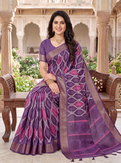 Dola Silk Saree with Geometric Diamond Print & Zari Border Blouse Piece