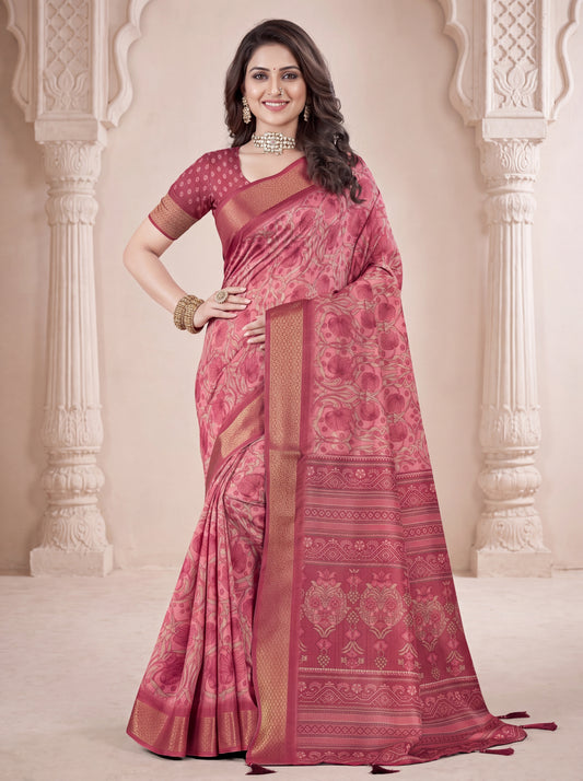 Dola Silk Saree with All-Over Floral Print & Zari Border Blouse Piece