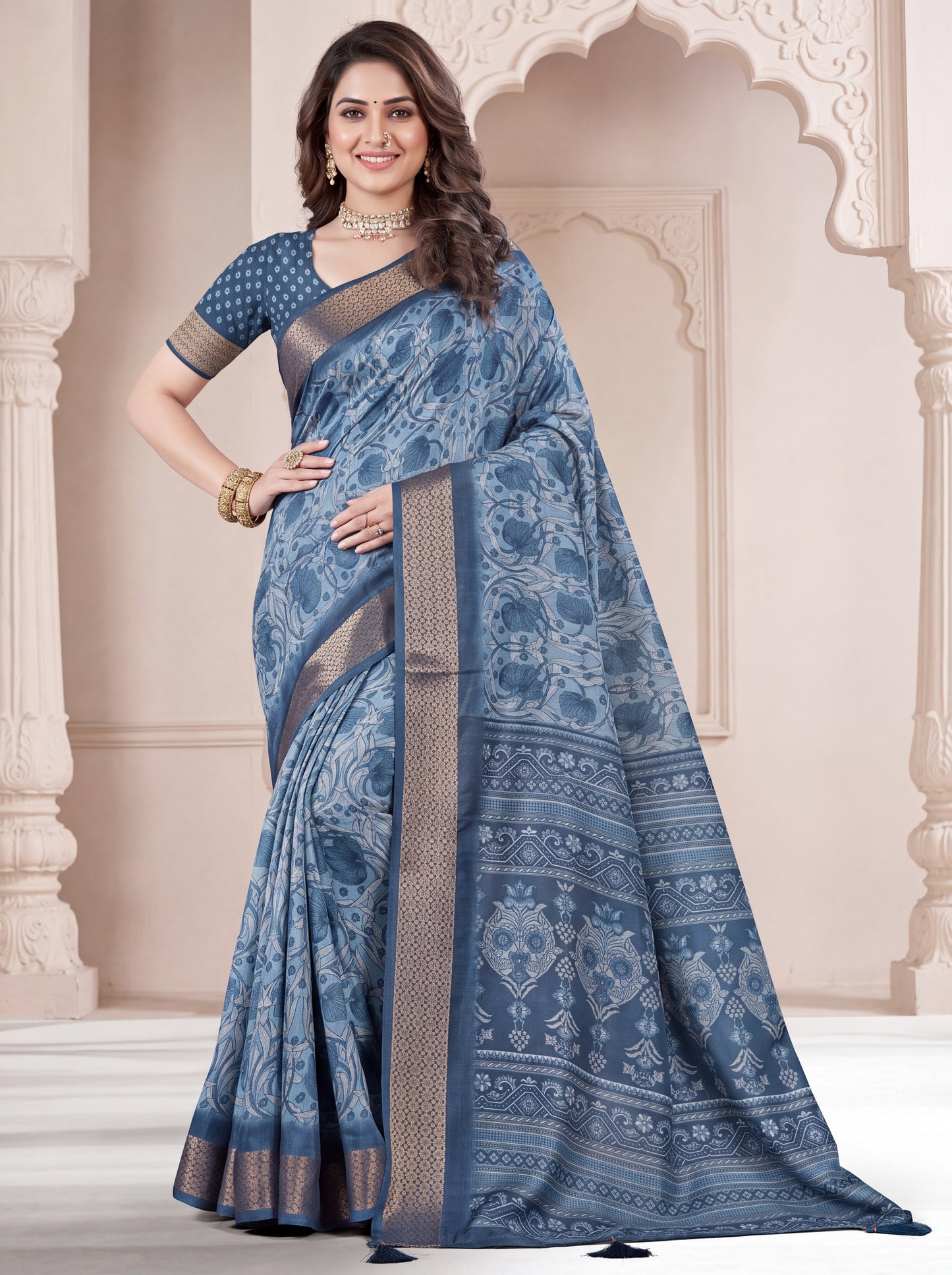 Dola Silk Saree with All-Over Floral Print & Zari Border Blouse Piece