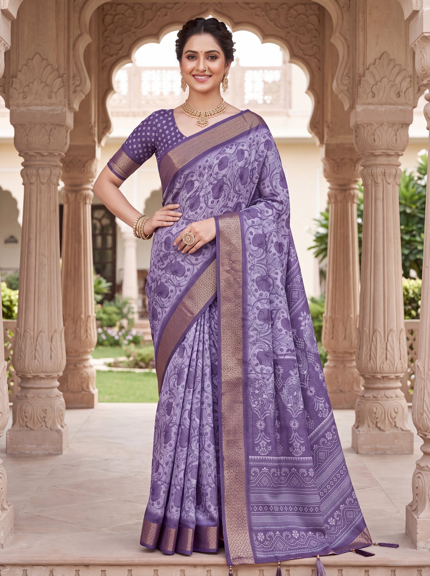 Dola Silk Saree with All-Over Floral Print & Zari Border Blouse Piece