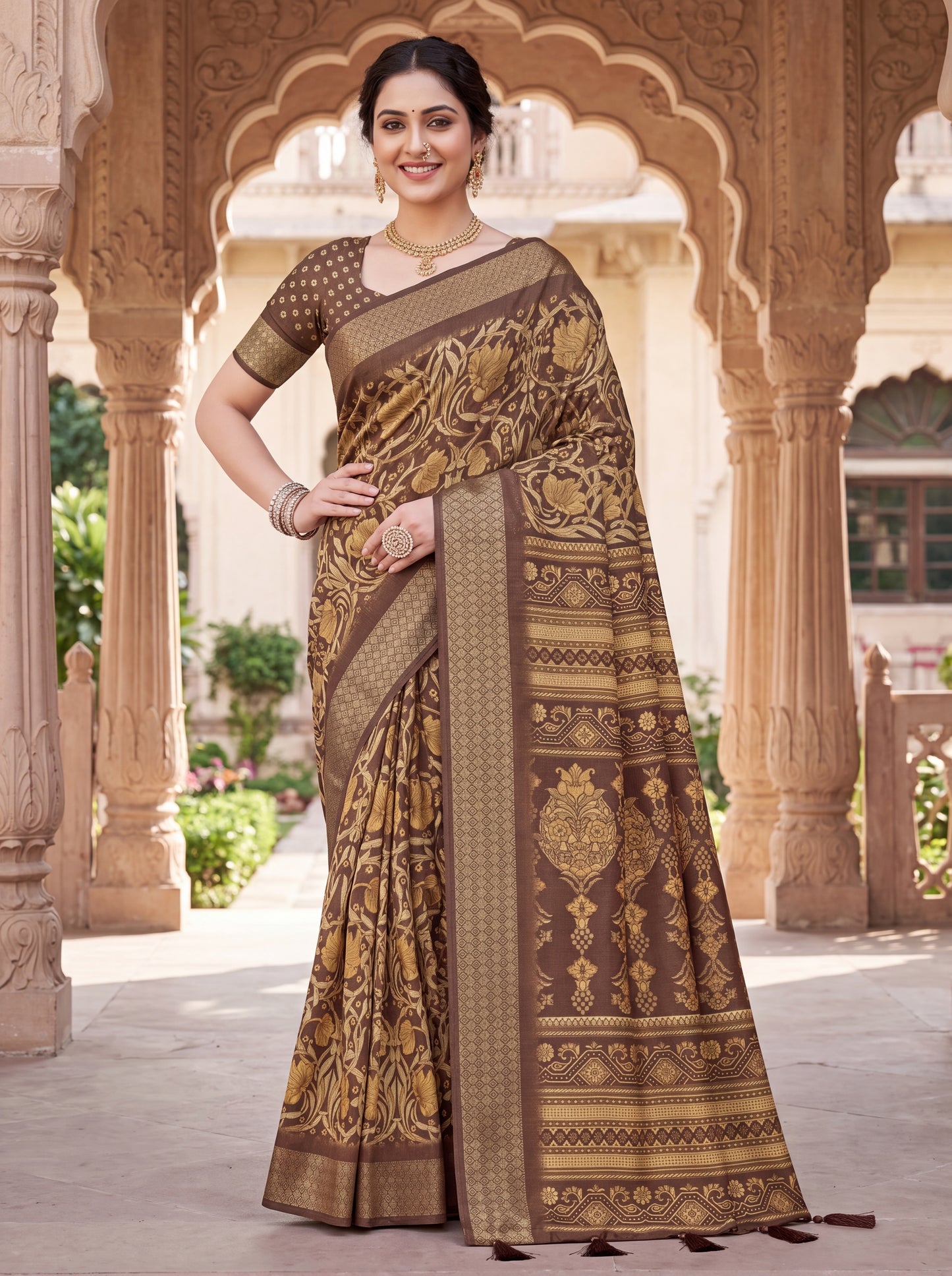Dola Silk Saree with All-Over Floral Print & Zari Border Blouse Piece