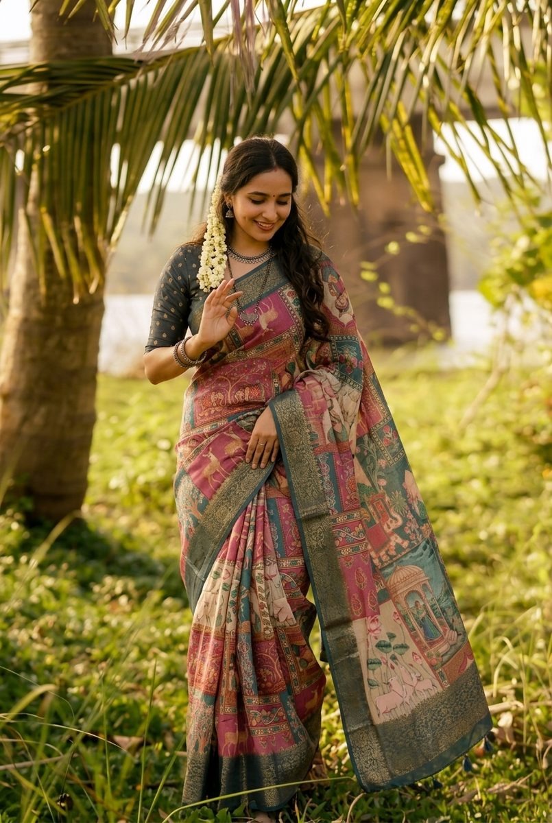 Heritage Bloom – Cotton Linen Self-Jacquard Border Saree